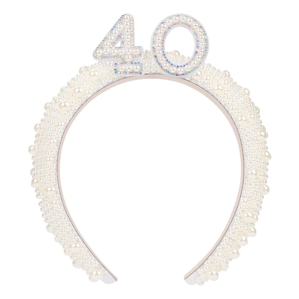 40th Birthday Headbands, Birthday Decorations For Women, White Vintage Pearl Hai